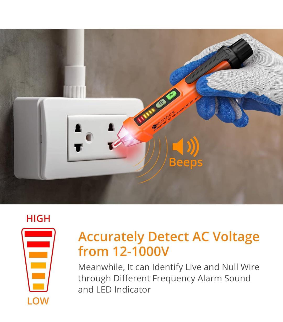 Non-Contact AC Voltage Tester Pen, AC 12-1000V, LED Flashlight, Buzzer Alarm for Live/Null Wire Judgment